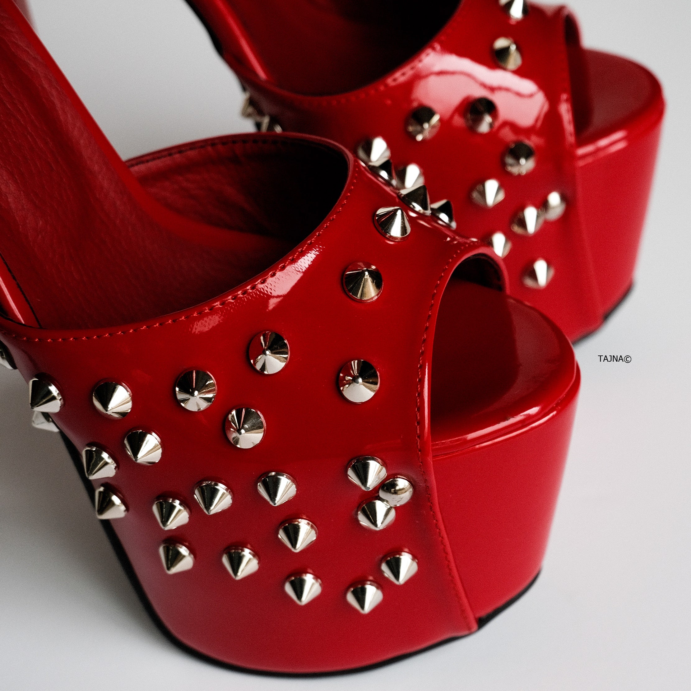 Red Spike Studded Double Belted Heels