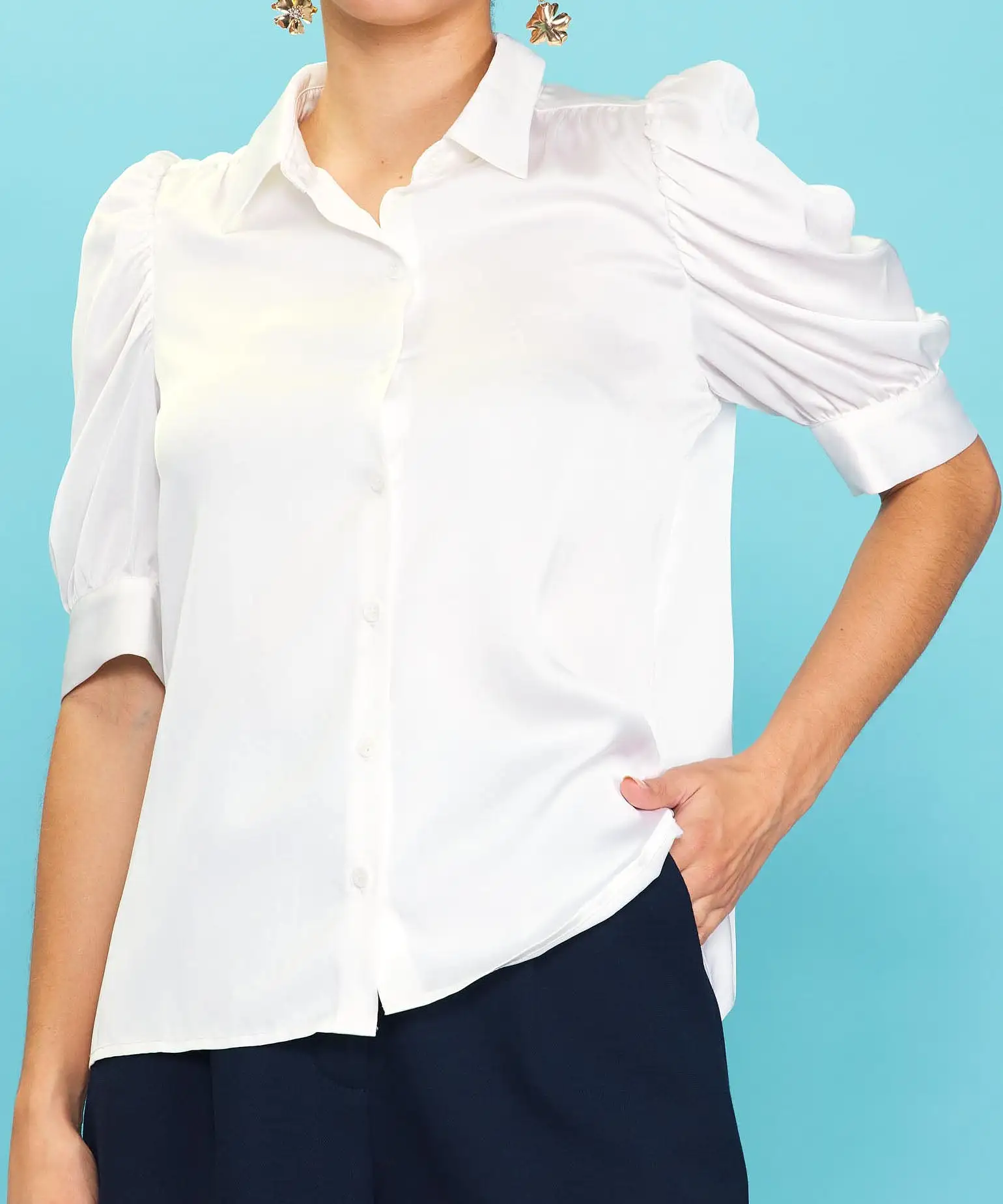 Shirred Sleeve Blouse - White