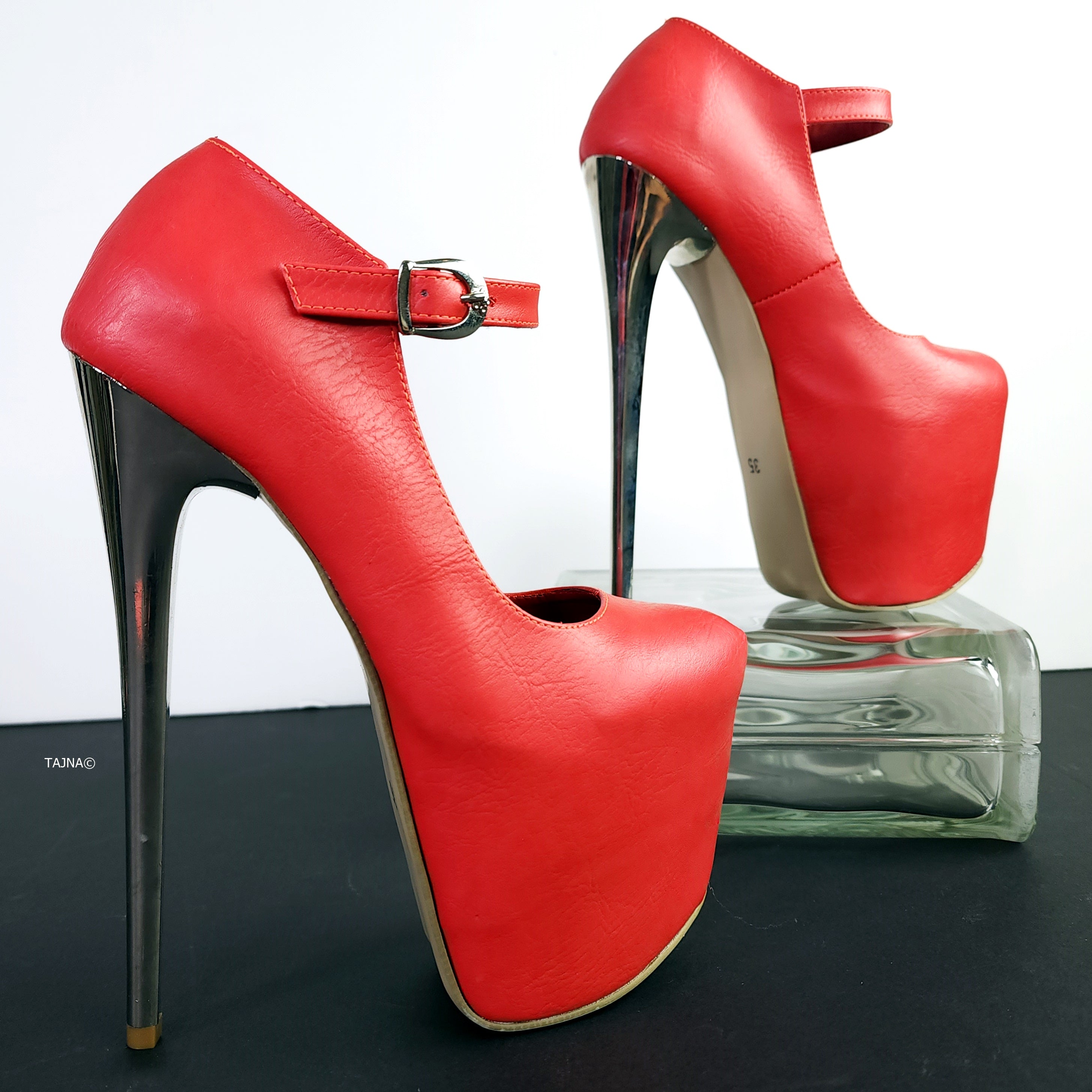 Soft Red Metallic Heel Modern Mary Jane Pumps