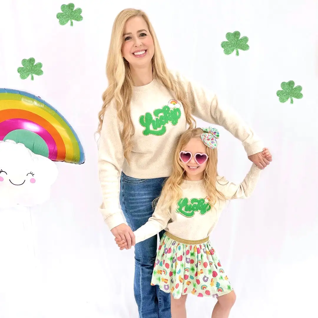 Sweet Wink Lucky Script Patch St. Patrick's Day Adult Sweatshirt - Natural