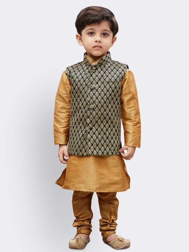 Vastramay Boys' Gold Silk Cotton Blend Kurta, Waistcoat and Pyjama Set