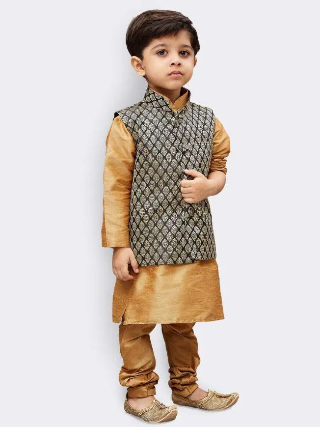 Vastramay Boys' Gold Silk Cotton Blend Kurta, Waistcoat and Pyjama Set