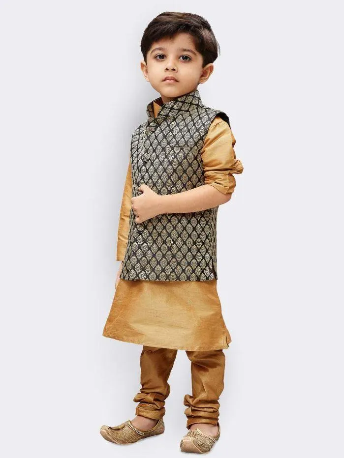 Vastramay Boys' Gold Silk Cotton Blend Kurta, Waistcoat and Pyjama Set