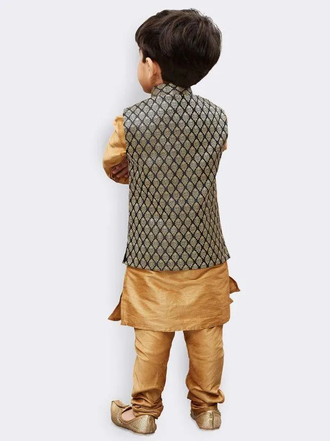 Vastramay Boys' Gold Silk Cotton Blend Kurta, Waistcoat and Pyjama Set