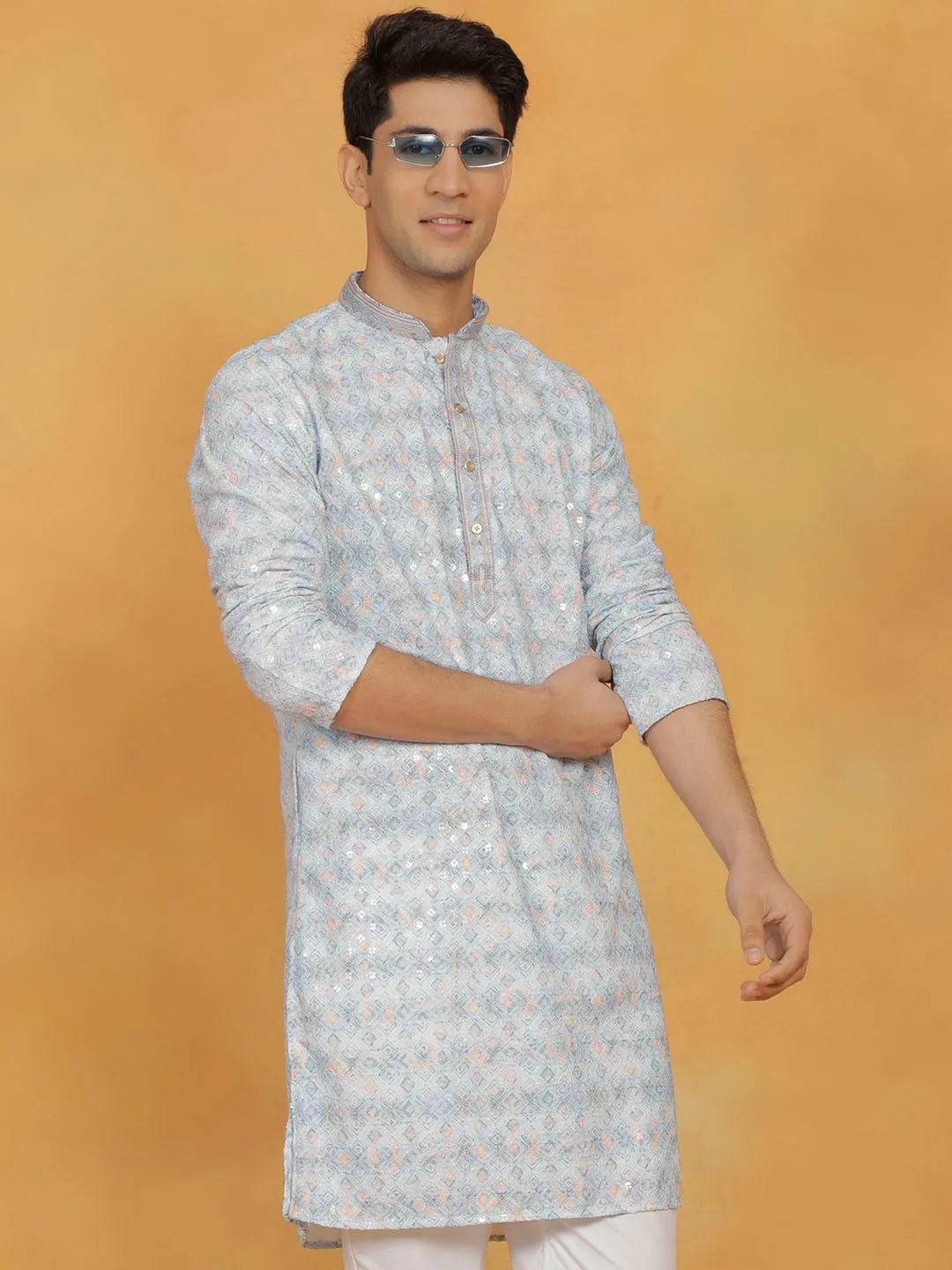 VASTRAMAY Men's Aqua Cotton Blend Kurta