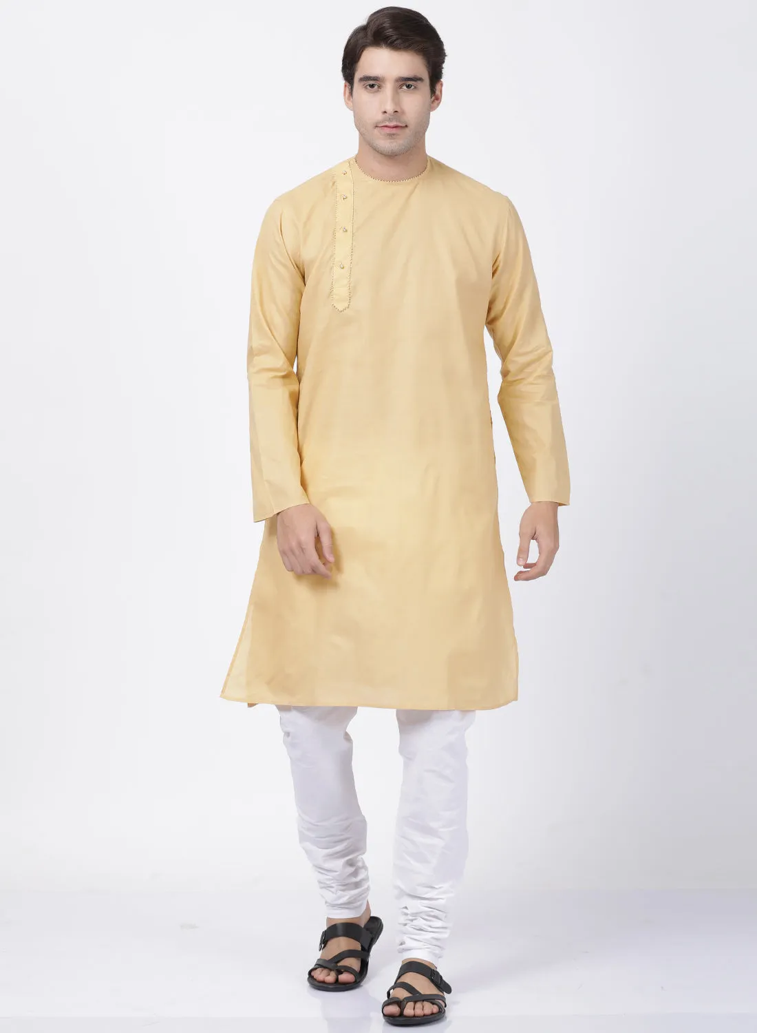 VASTRAMAY Men's Beige Cotton Blend Kurta