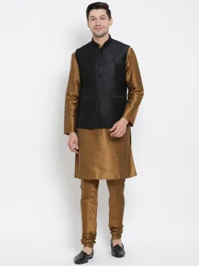 VASTRAMAY Men's Brown Cotton Silk Blend Kurta, Ethnic Jacket and Pyjama Set