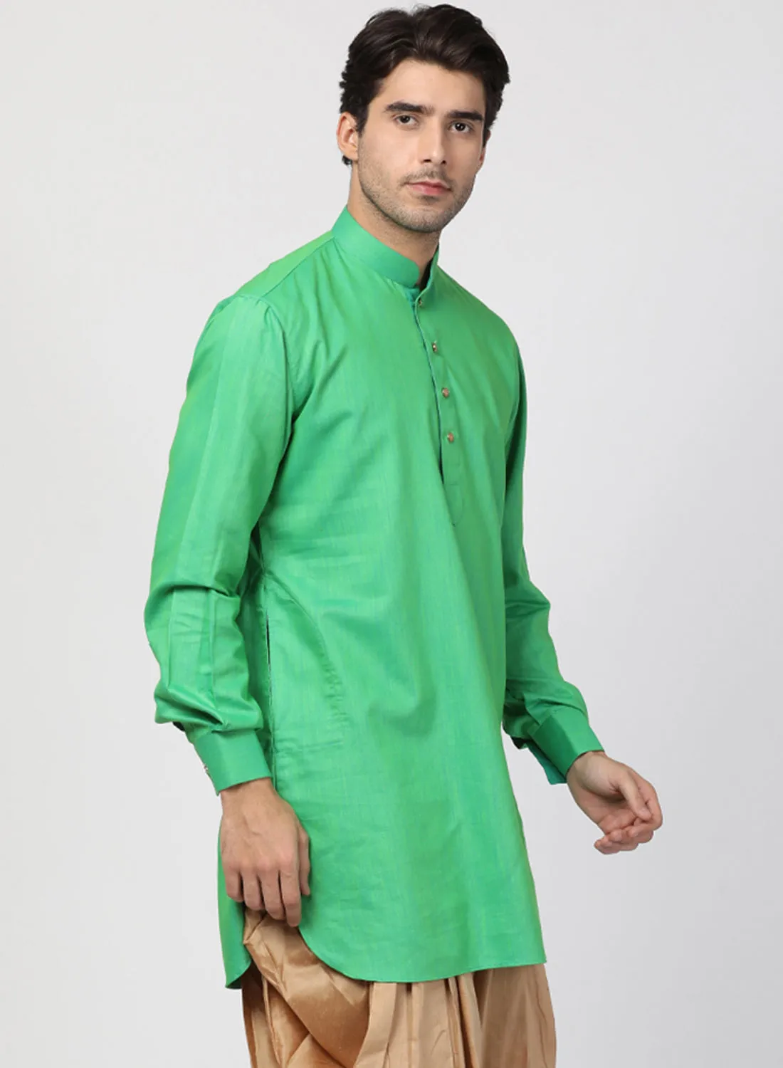 VASTRAMAY Men's Green Cotton Blend Kurta