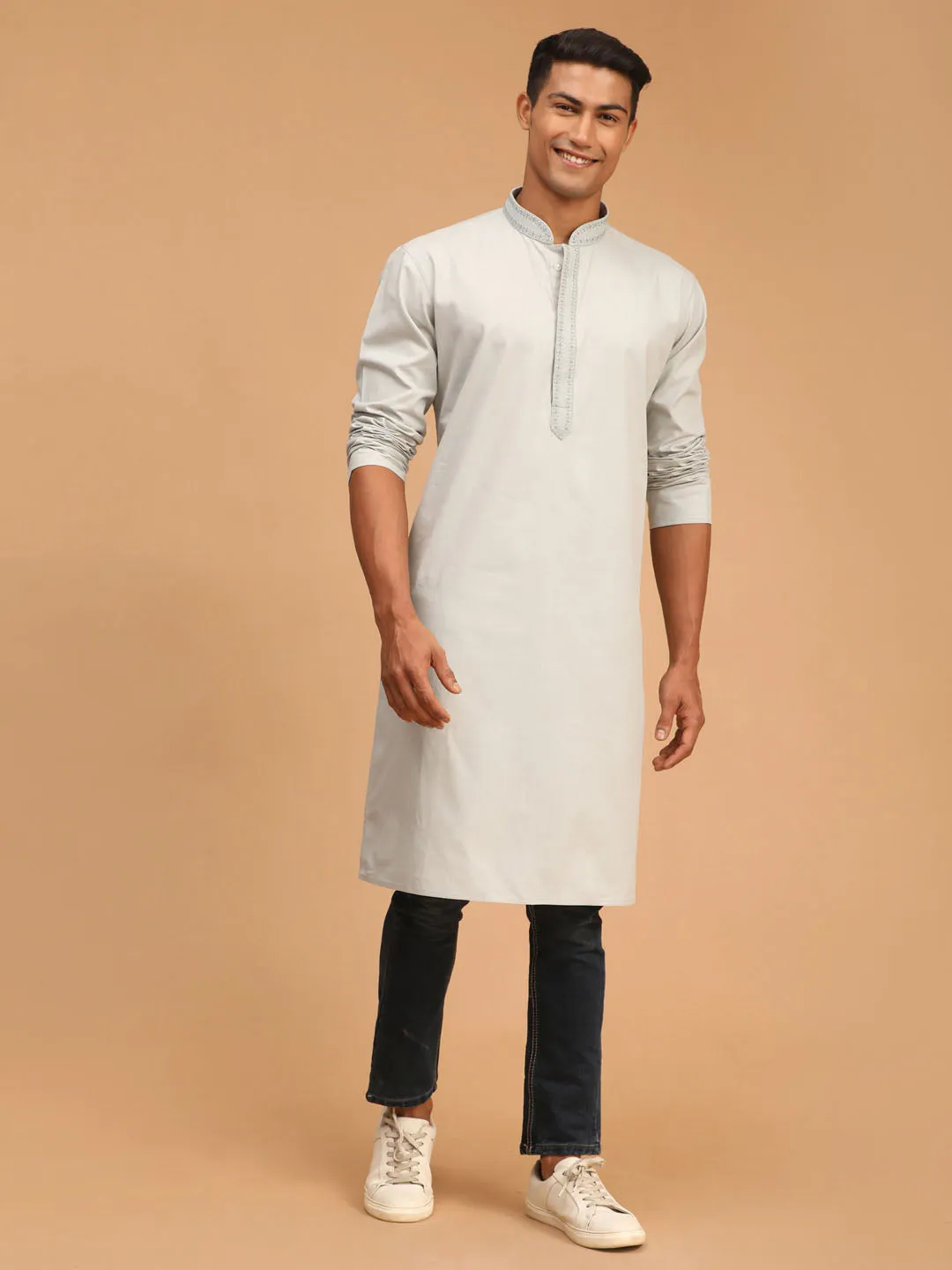 VASTRAMAY Men's Grey Cotton Blend Kurta