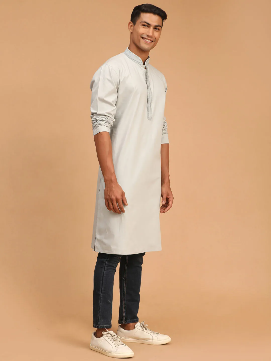 VASTRAMAY Men's Grey Cotton Blend Kurta