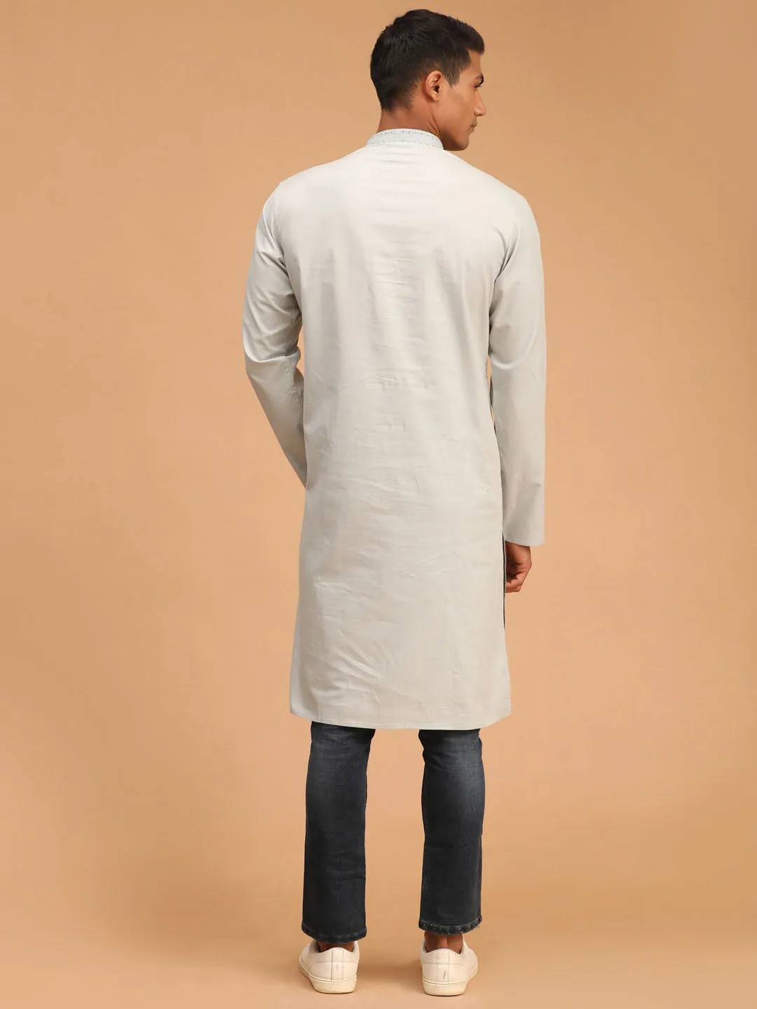 VASTRAMAY Men's Grey Cotton Blend Kurta