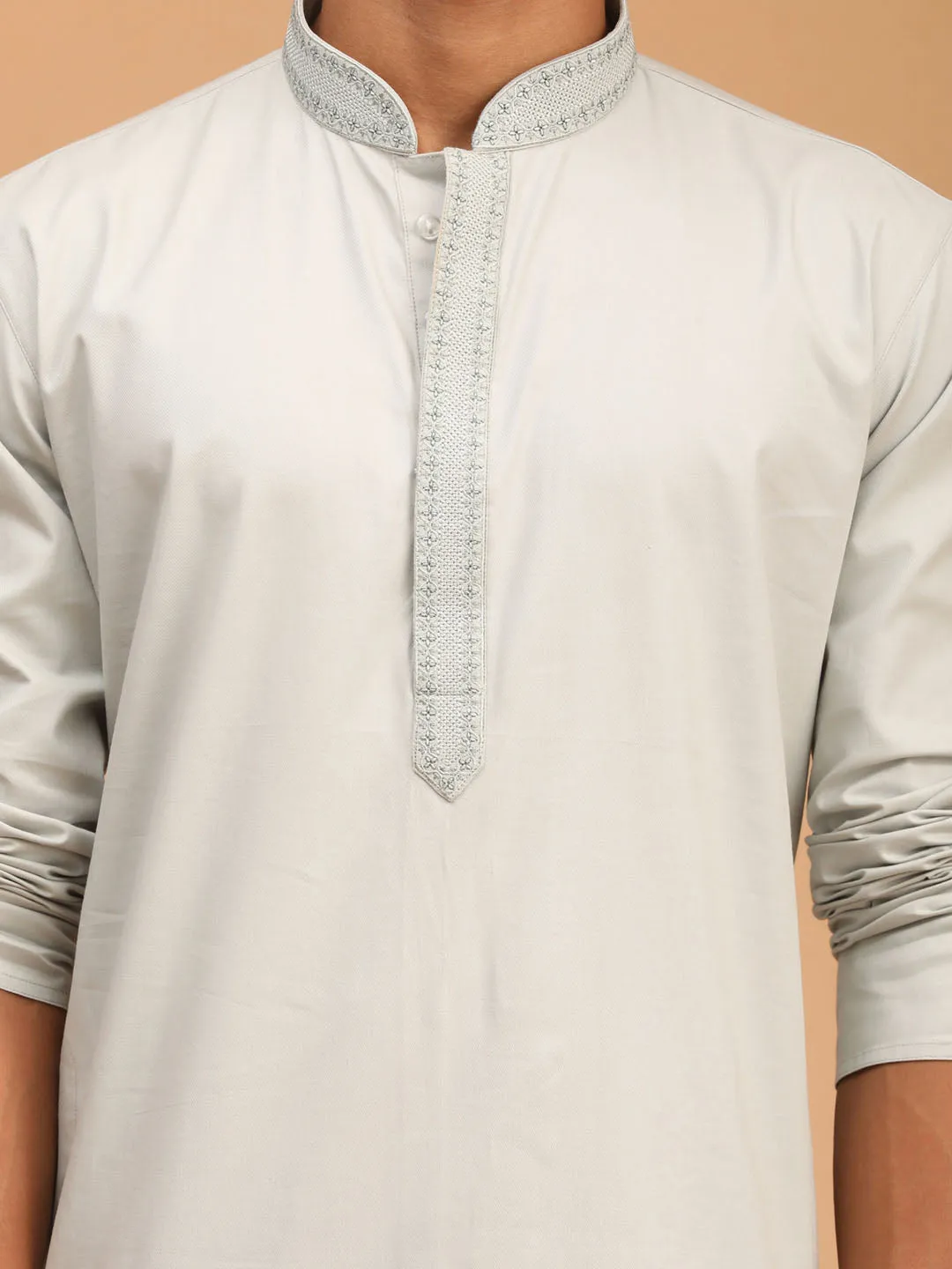 VASTRAMAY Men's Grey Cotton Blend Kurta