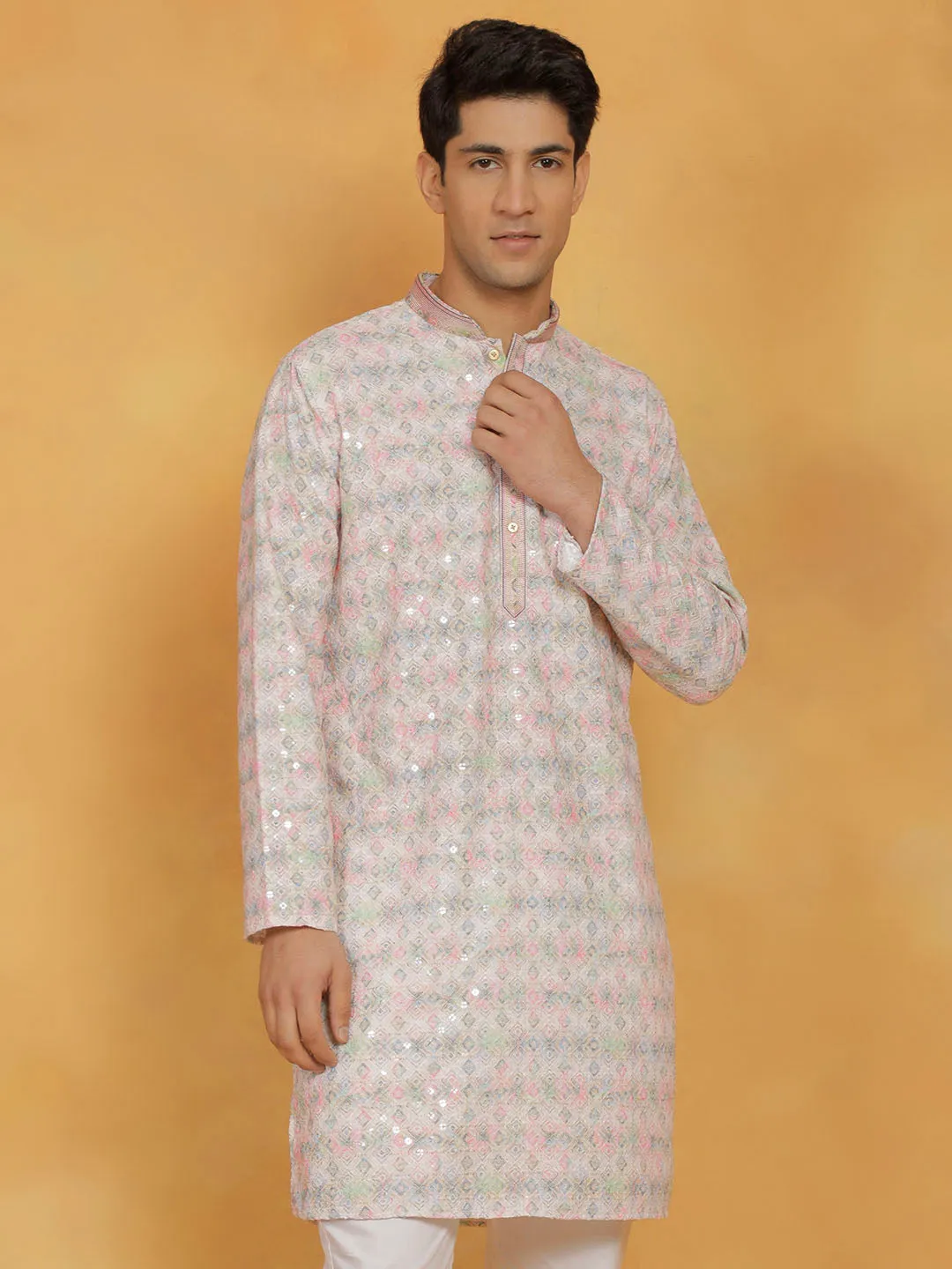 VASTRAMAY Men's Pink Cotton Blend Kurta