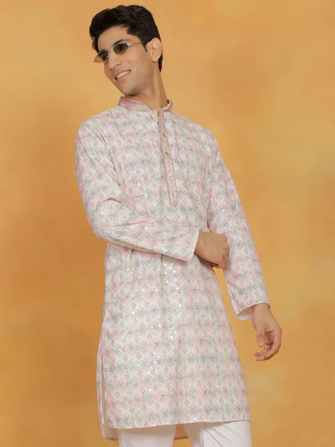 VASTRAMAY Men's Pink Cotton Blend Kurta