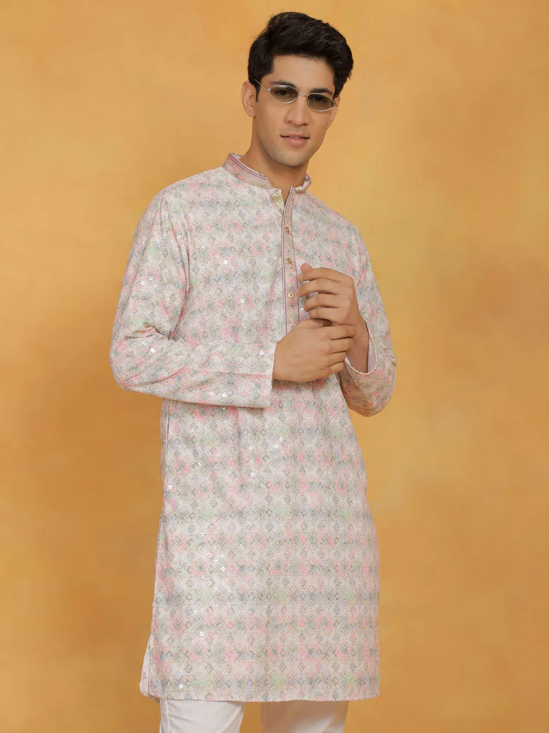 VASTRAMAY Men's Pink Cotton Blend Kurta