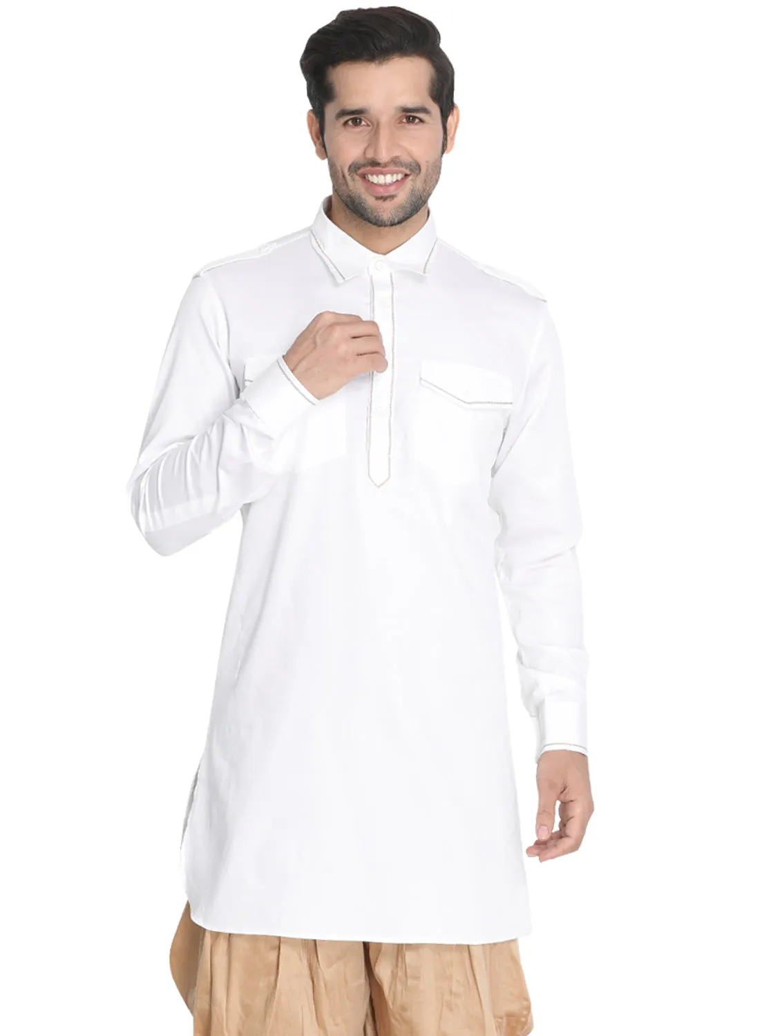 VASTRAMAY Men's White Cotton Blend Kurta