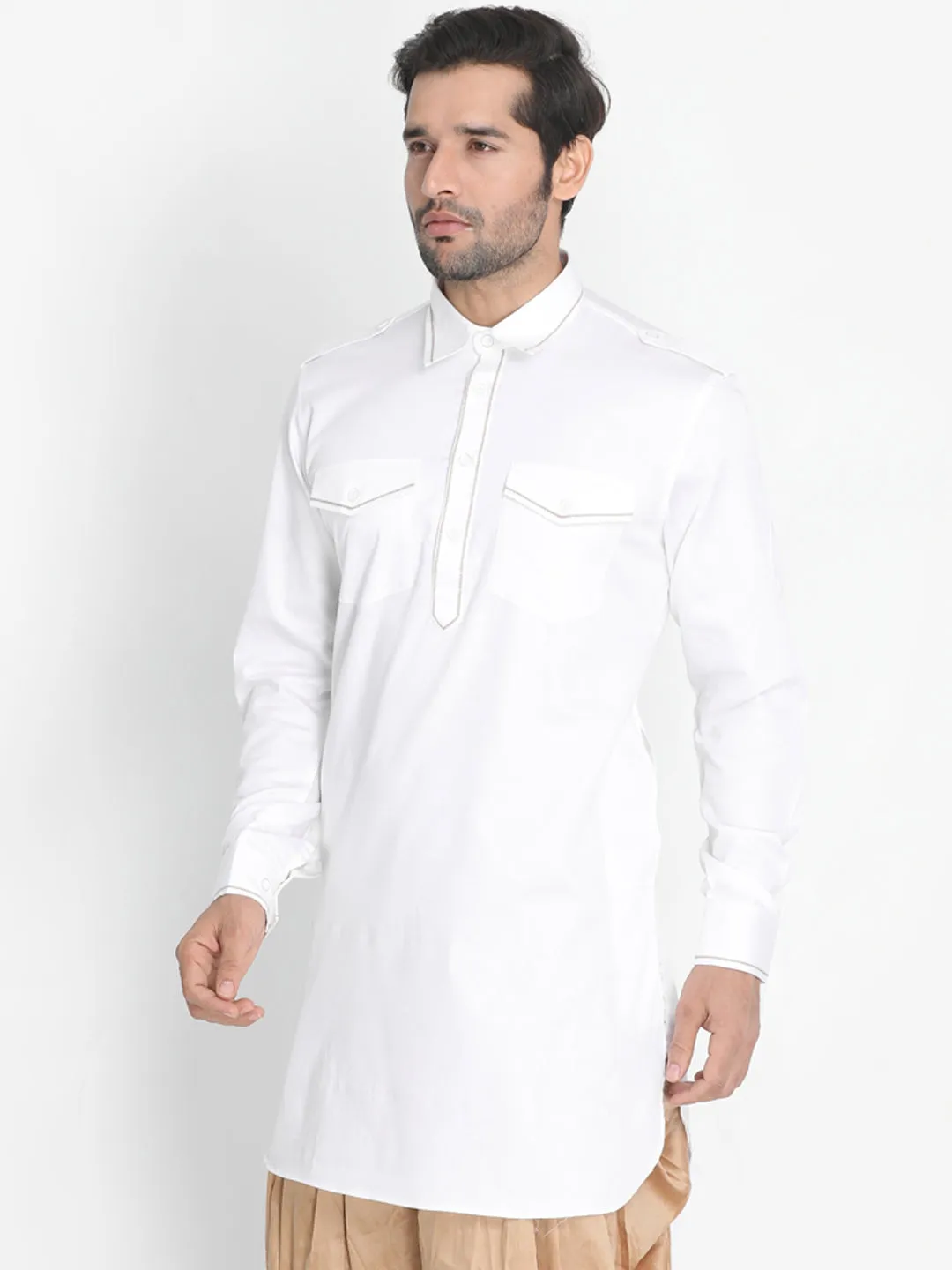 VASTRAMAY Men's White Cotton Blend Kurta