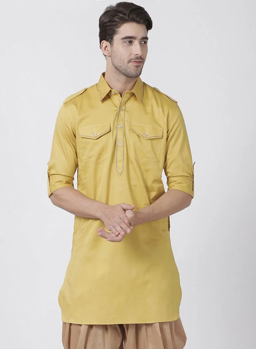 VASTRAMAY Men's Yellow Cotton Blend Kurta