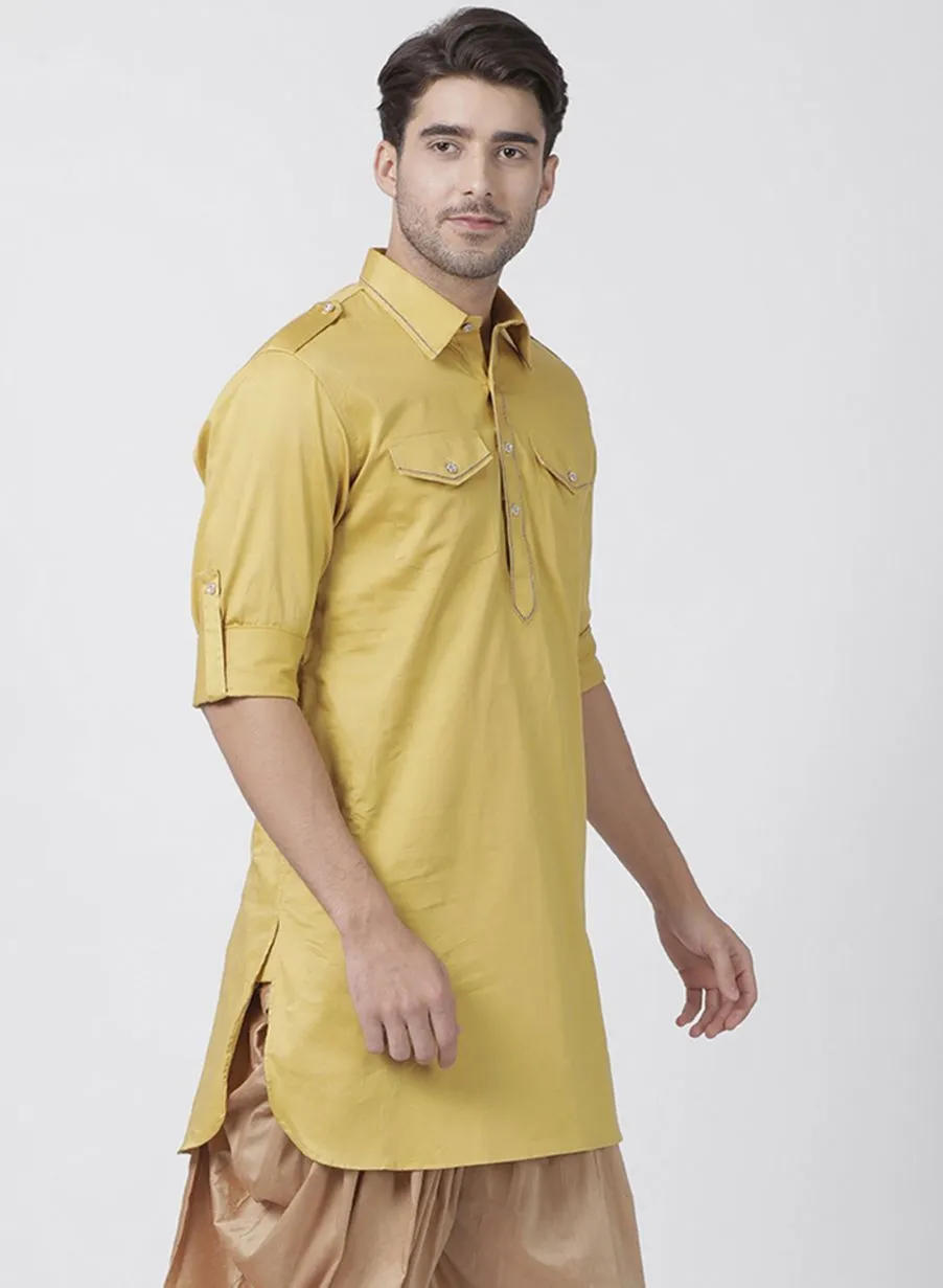 VASTRAMAY Men's Yellow Cotton Blend Kurta