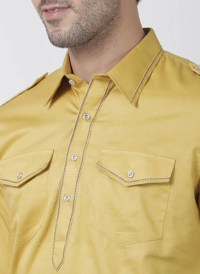 VASTRAMAY Men's Yellow Cotton Blend Kurta