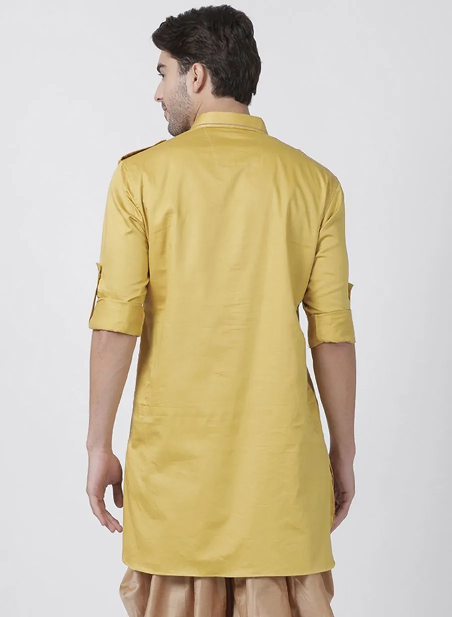 VASTRAMAY Men's Yellow Cotton Blend Kurta