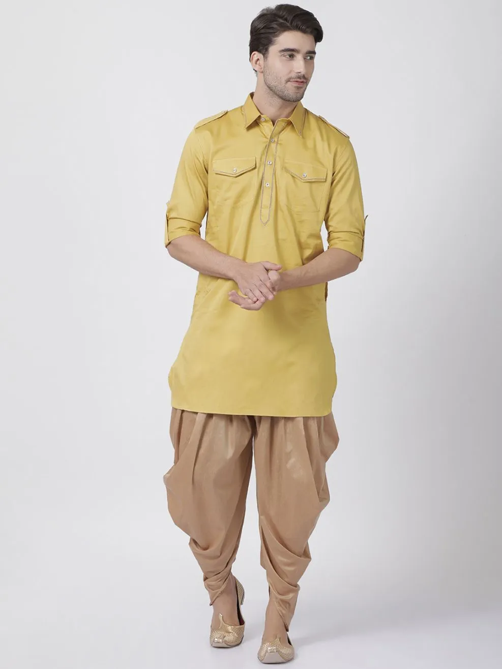 VASTRAMAY Men's Yellow Cotton Blend Kurta