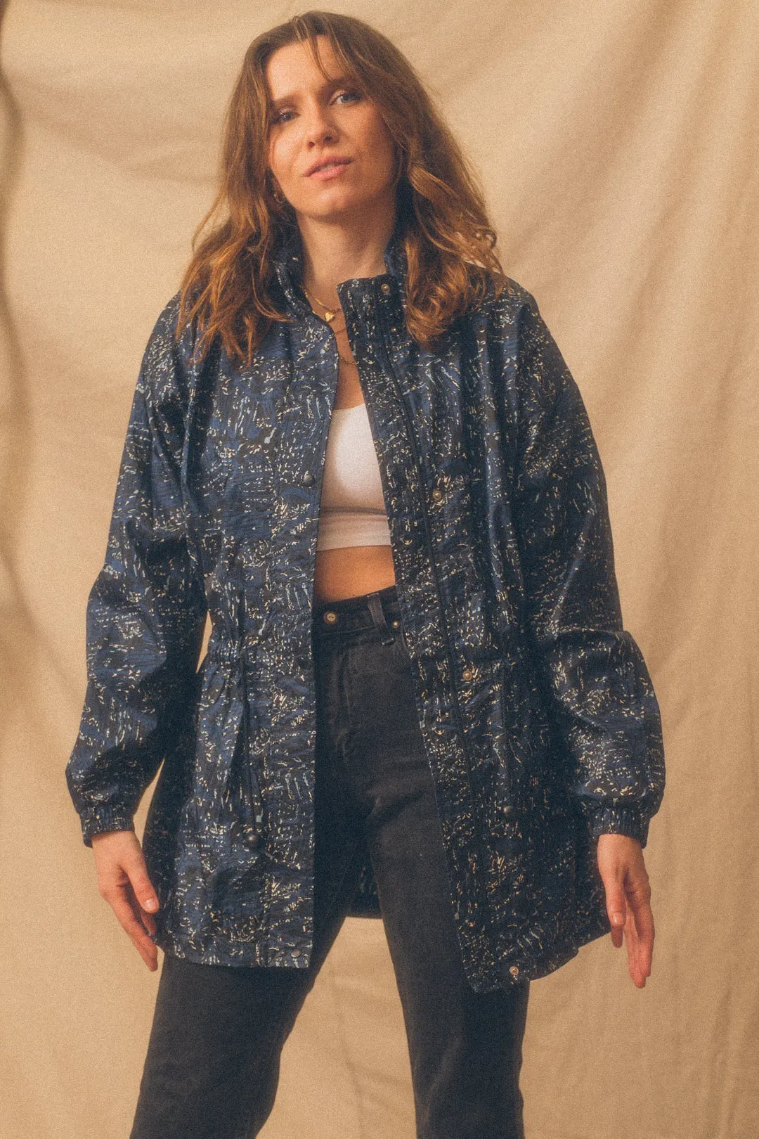 Vintage Cinched Waist Windbreaker Jacket- Navy Pattern