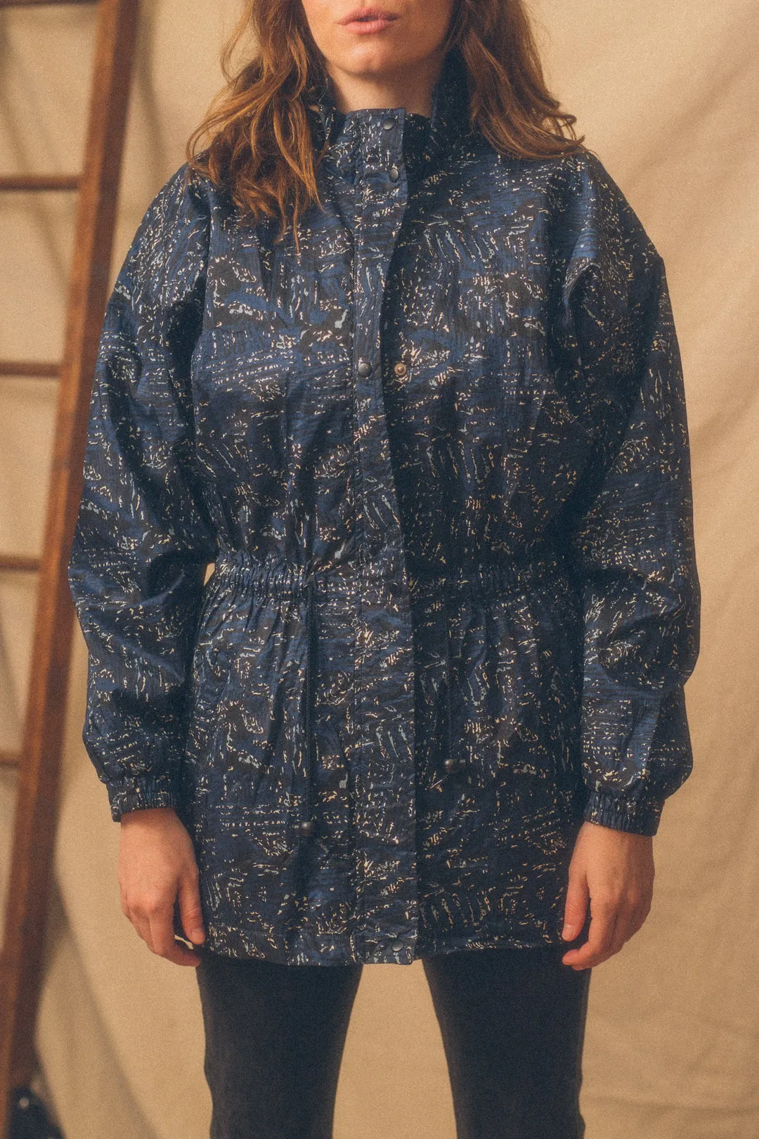 Vintage Cinched Waist Windbreaker Jacket- Navy Pattern