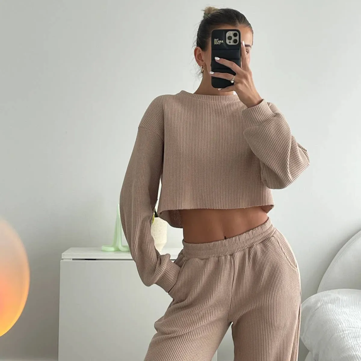 Waffle long sleeve crop top wide leg pant 2 piece set