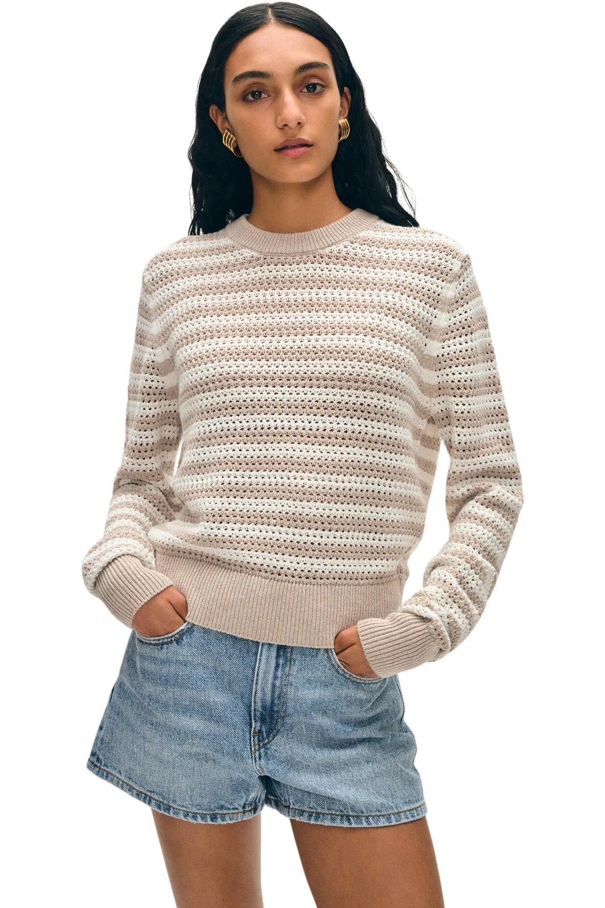 White & Warren Cotton Blend Mesh Crewneck- in White-Flax