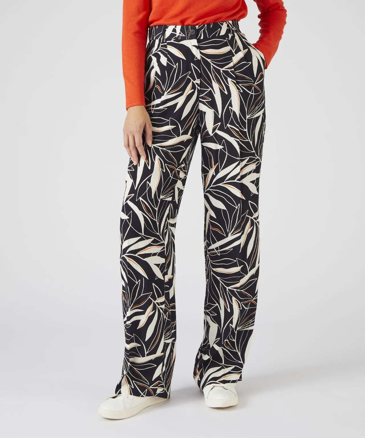 Wide-leg Black Leaf Print Trousers