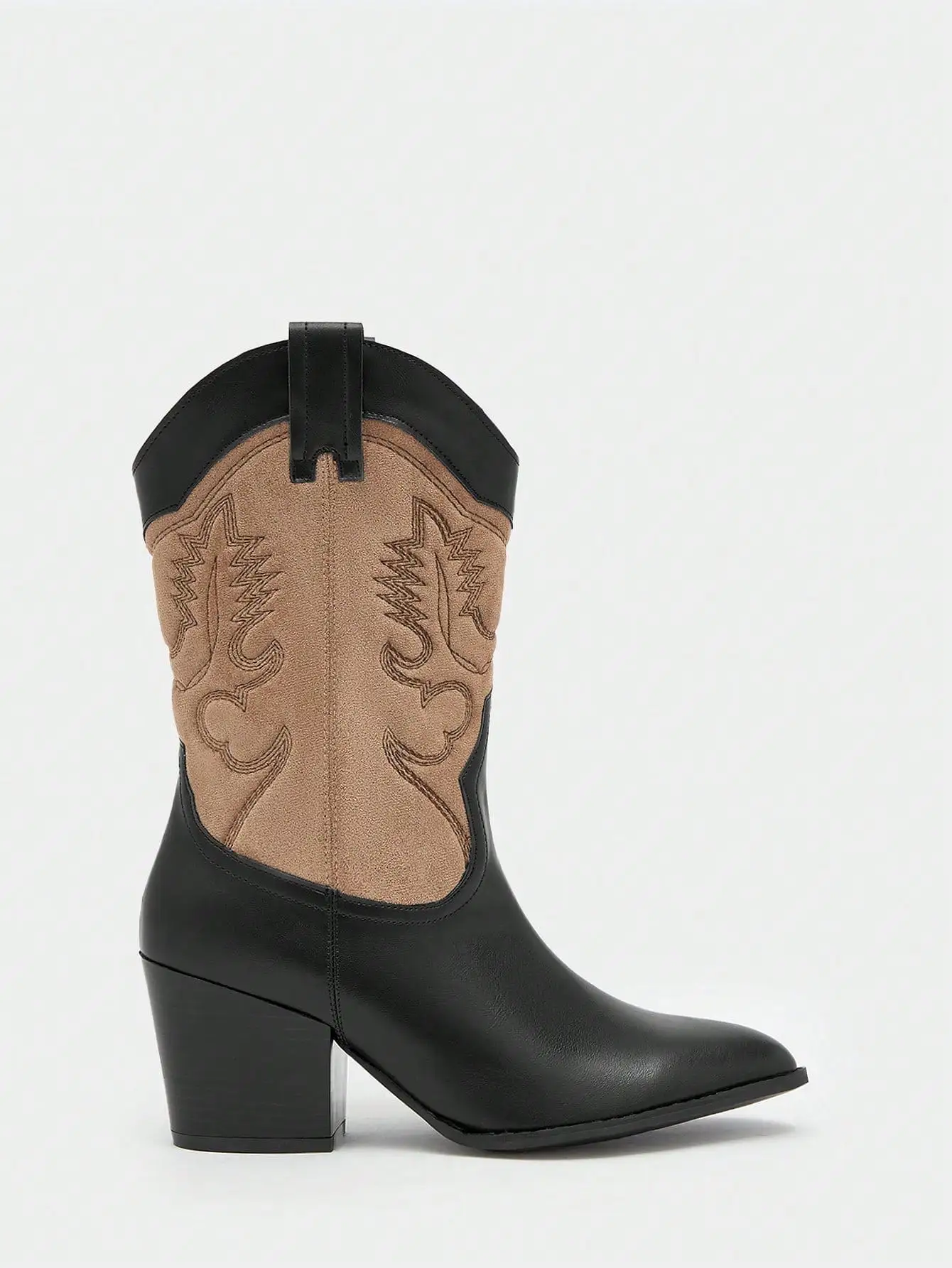 Women Embroidered Detail Two Tone Chunky Heeled Slip-on Western Boots, Vacation Outdoor Mid Calf Boots