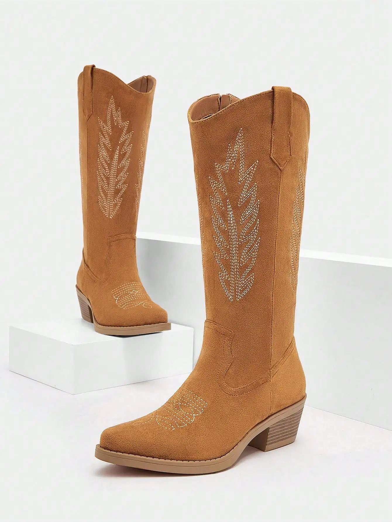 Women Stitched Detail Chunky Heeled Western Boots, Vacation Faux Suede Boots