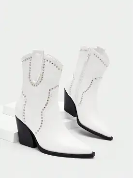 Women Studded Decor Point Toe Chunky Heeled Fashion Boots, Vacation White Western Boots