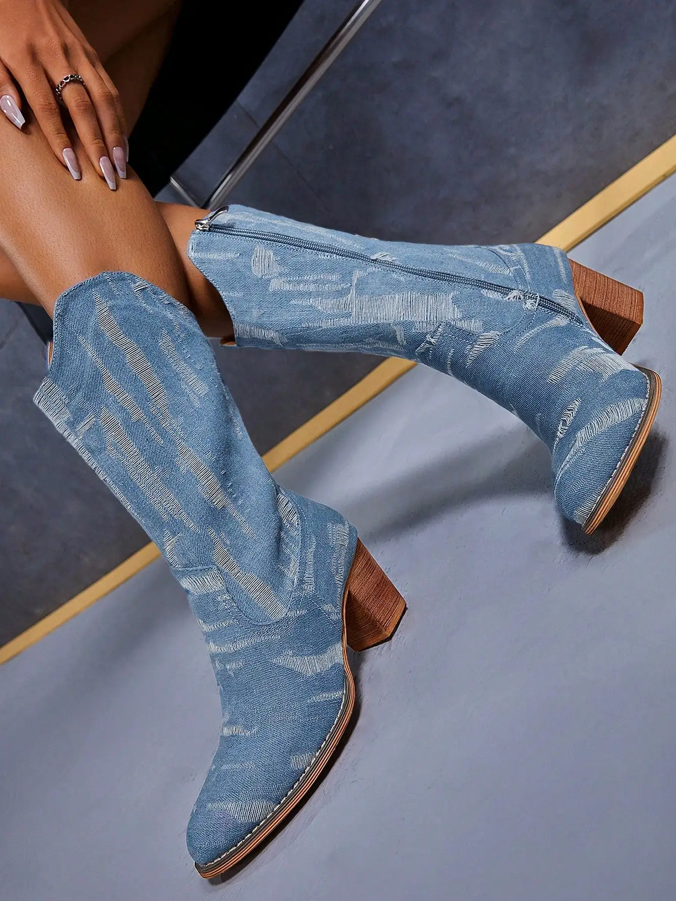 Women Western Boots, Denim Chunky Heeled Fashion Boots