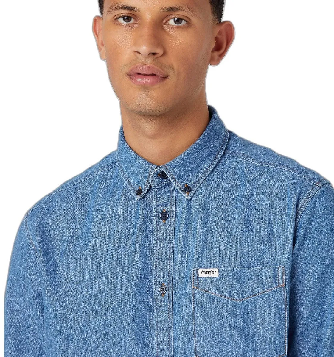 Wrangler One Pocket Button Down Denim Shirt Mid Stone